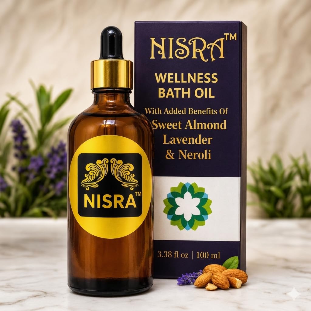 NISRA Ayurvedic bath oil — amber dropper bottle with Sweet Almond, Lavender and Neroli, 100 ml, beside its box